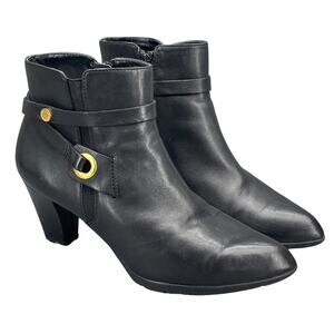 Anne Klein Chelsey Black Leather Gold Ring Point Toe Heeled Ankle Boot Women 9.5